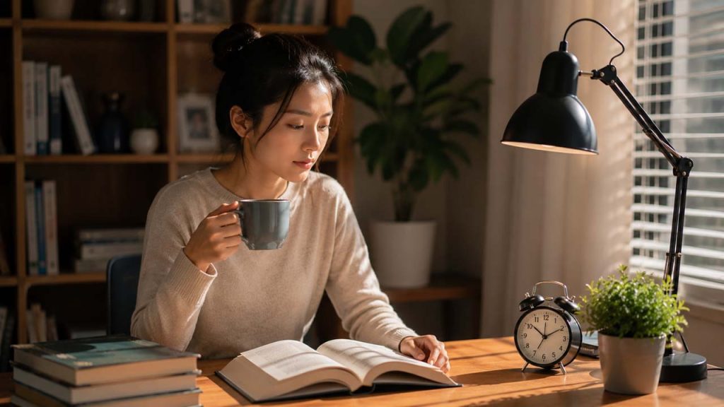 Người phụ nữ đọc sách bên đồng hồ và nghỉ ngắn giữa các khoảng thời gian đọc