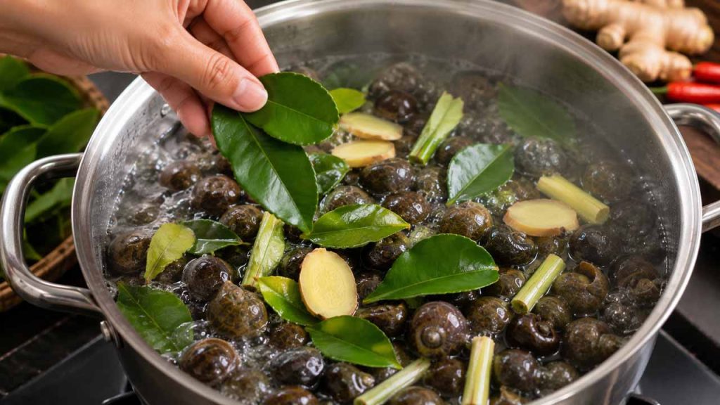 Cho lá chanh hoặc lá bưởi khi luộc ốc