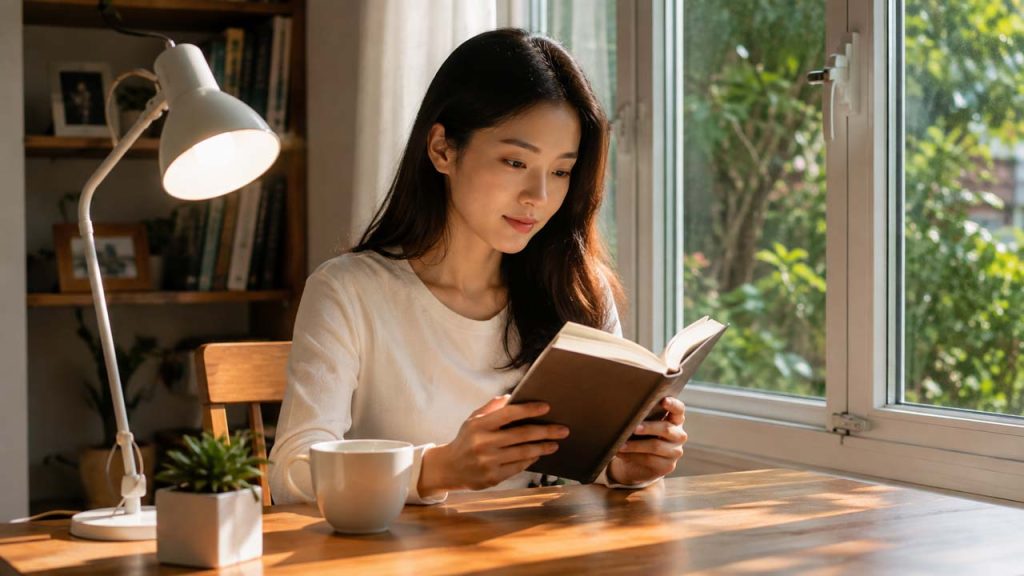 Người phụ nữ đọc sách bên cửa sổ và đèn bàn trong không gian đủ ánh sáng