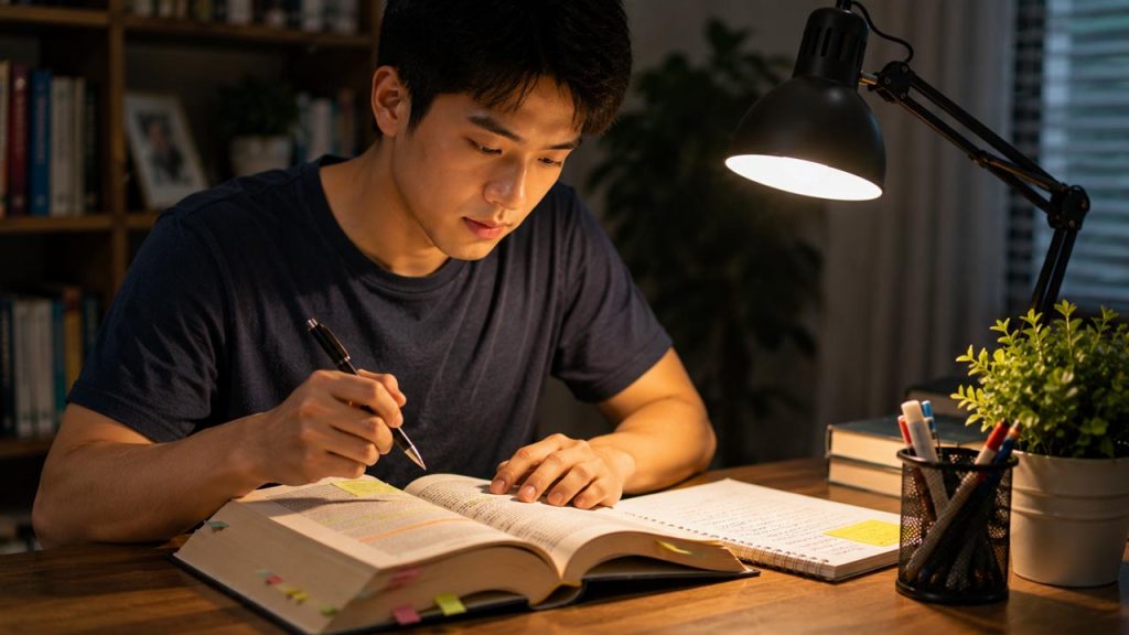 Người đàn ông ghi chú, đánh dấu và phân tích nội dung trong sách