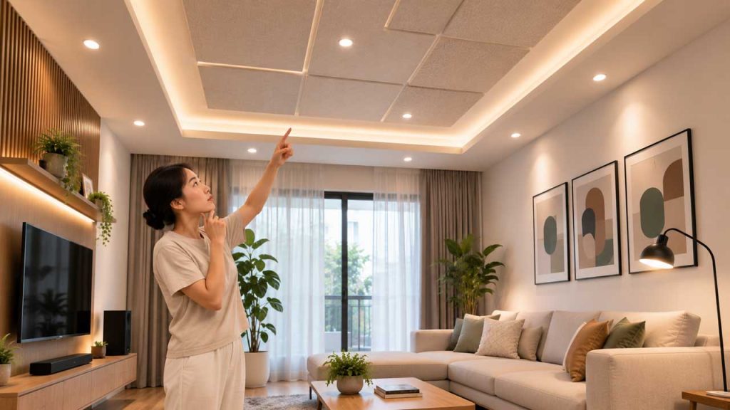 Một người đang quan sát trần nhà để đánh giá khả năng phản xạ âm thanh.