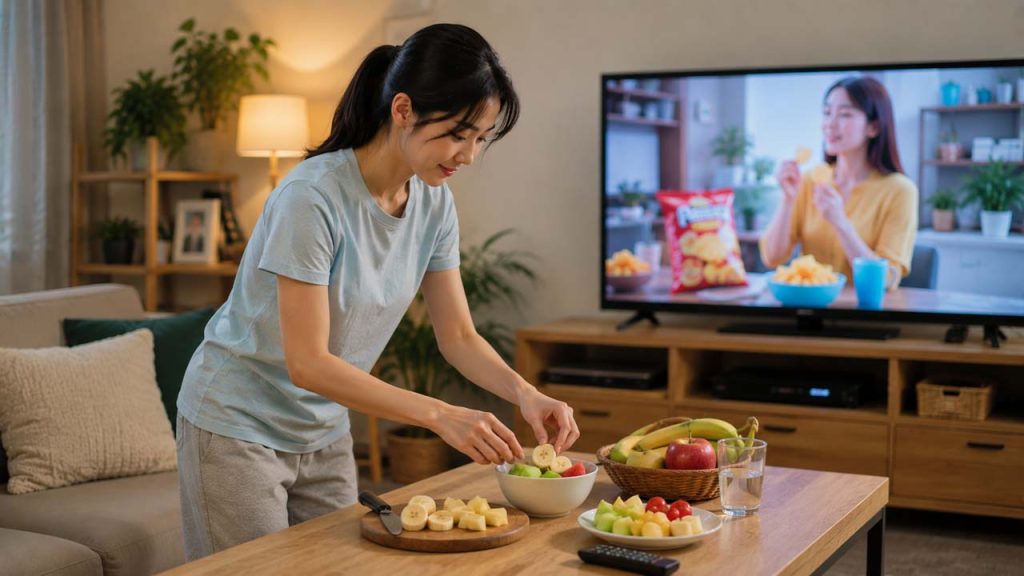 Chuẩn bị đồ ăn nhẹ trong lúc TV quảng cáo