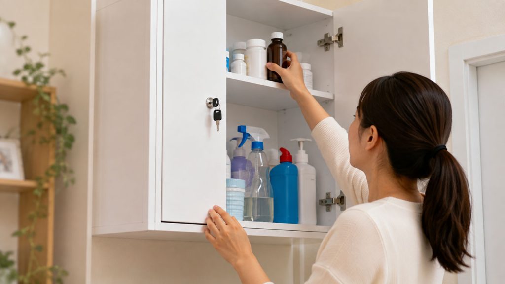 Thuốc và hóa chất được đặt trong tủ cao có khóa để tránh xa trẻ nhỏ