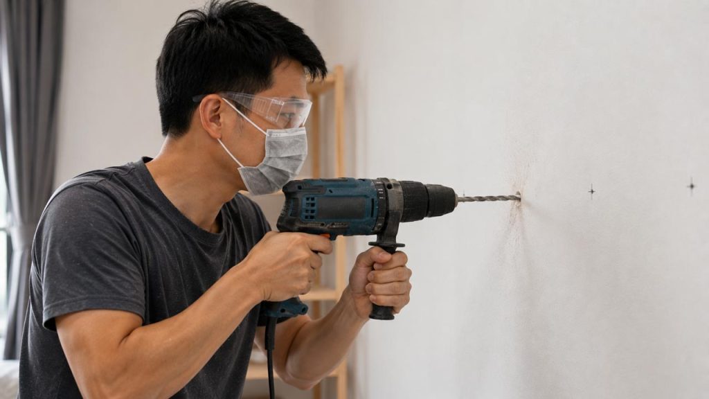 Đeo khẩu trang và kính bảo hộ khi khoan tường