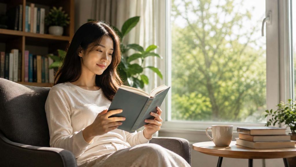 Người phụ nữ đọc sách vào buổi sáng khi cơ thể tỉnh táo và tràn đầy năng lượng