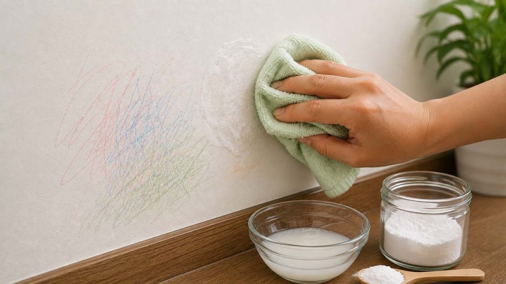 Dùng baking soda pha nước để làm sạch vết bút chì màu trên tường