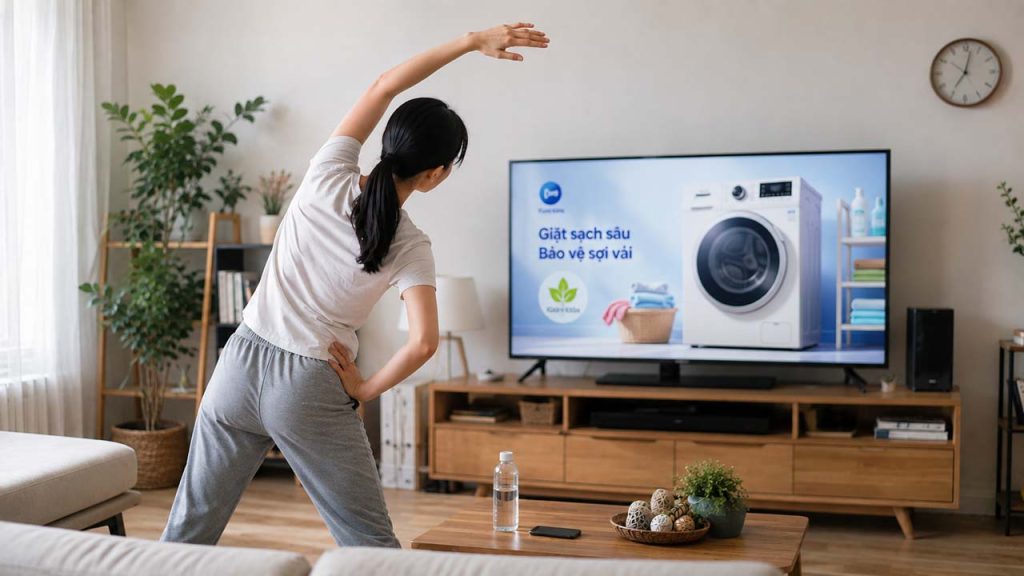 Đứng dậy vận động nhẹ khi TV đang quảng cáo