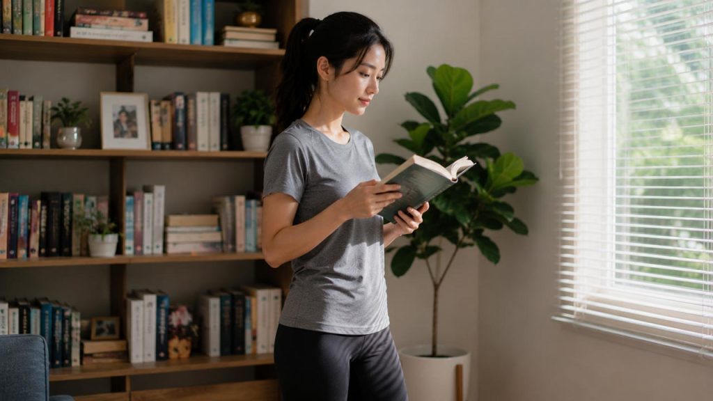 Người phụ nữ đứng đọc sách bên cửa sổ để giảm cảm giác buồn ngủ