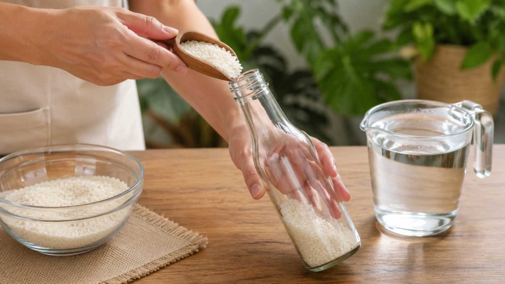 Dùng gạo sống và nước ấm làm sạch bên trong chai thủy tinh cổ nhỏ