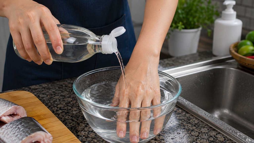 Dùng giấm pha loãng để giảm mùi tanh cá trên tay