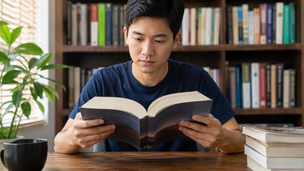 Dùng cả hai tay khi đọc sách dày để bảo vệ gáy