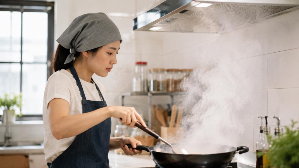 Dùng khăn che tóc khi nấu món nhiều khói