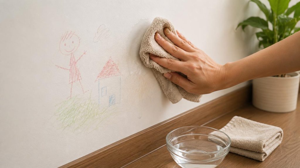 Dùng khăn mềm và nước ấm để lau vết bút chì màu mới trên tường