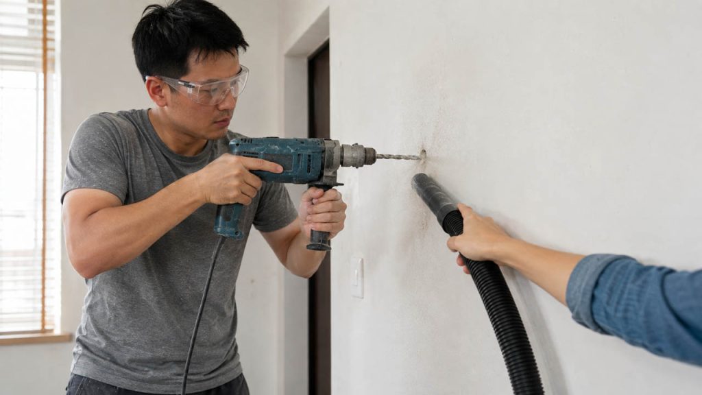 Dùng máy hút bụi trong lúc khoan tường để giảm bụi