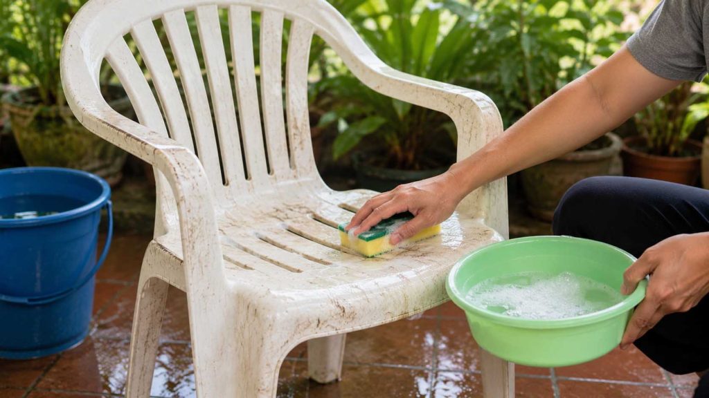 Vệ sinh ghế nhựa bằng nước rửa chén pha loãng
