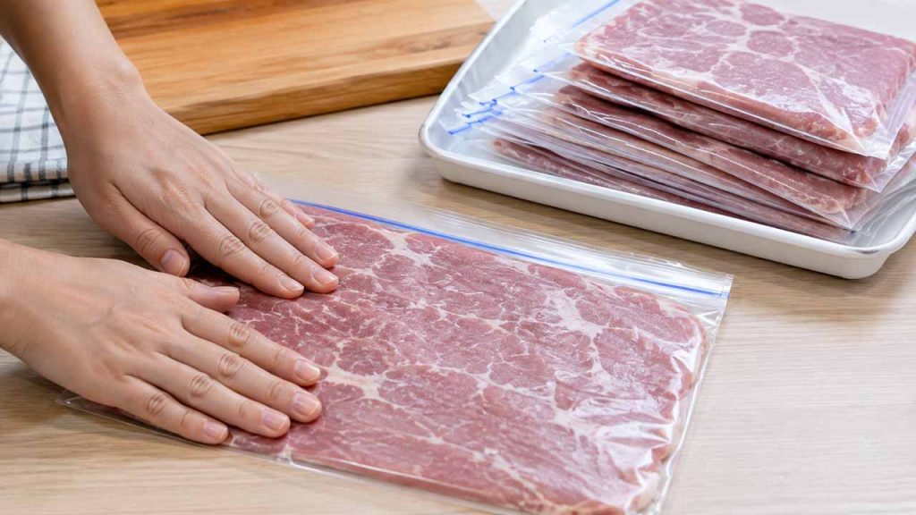 Thịt được ép mỏng trong túi bảo quản trước khi cấp đông