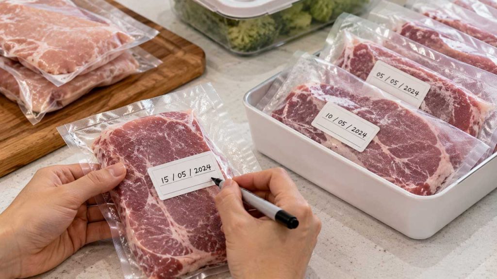 Ghi ngày bảo quản lên túi đựng thịt đông lạnh