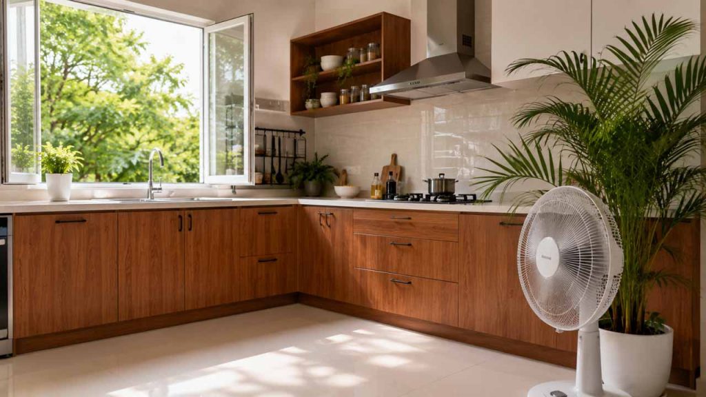Không gian bếp thông thoáng giúp bảo vệ tủ gỗ