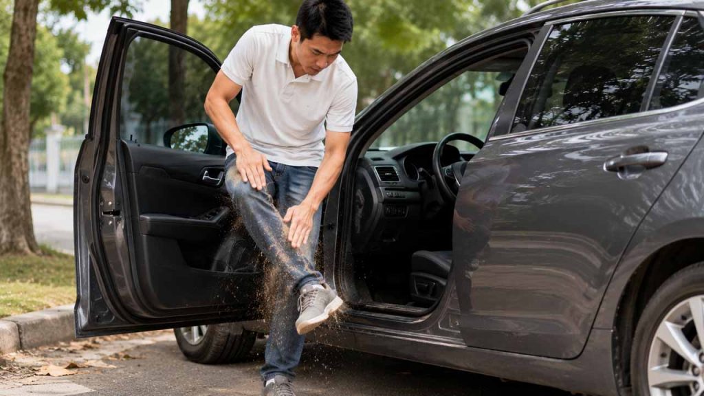 Giũ sạch bụi trên quần áo và giày dép trước khi lên ô tô