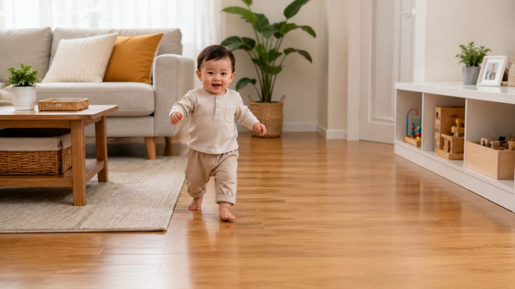 Không gian sống sạch sẽ với sàn nhà khô ráo giúp trẻ di chuyển an toàn