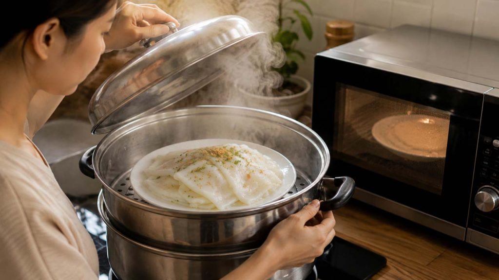Hấp bánh ướt bằng hơi nước giúp bánh mềm và không bị bở