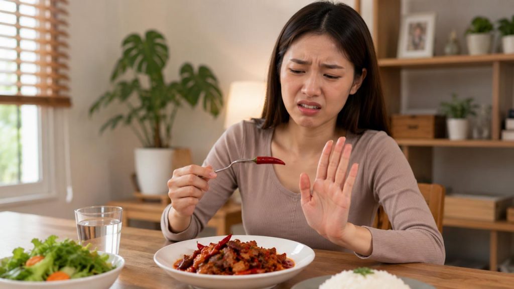 Hạn chế thức ăn quá cay nóng khi dễ đổ nhiều mồ hôi
