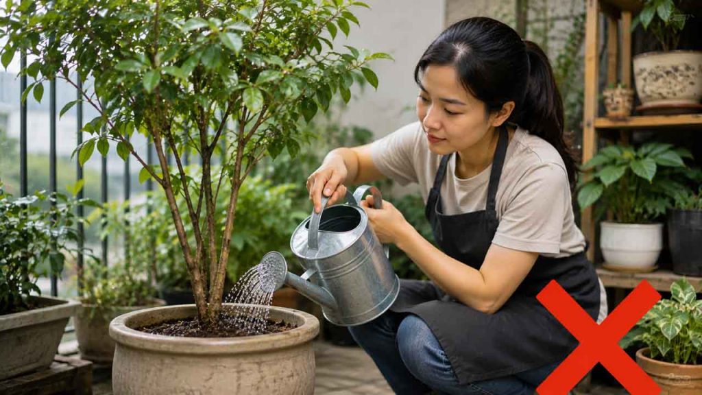 Hạn chế tưới nước quá nhiều để chống rêu chậu cây