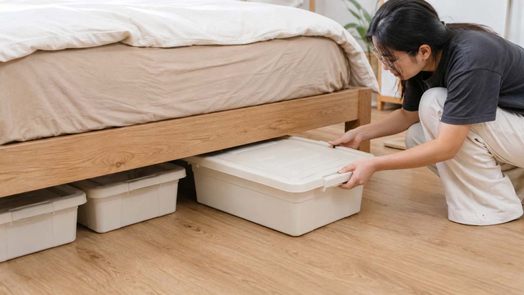 Sử dụng hộp đựng đồ có nắp để lưu trữ dưới gầm giường