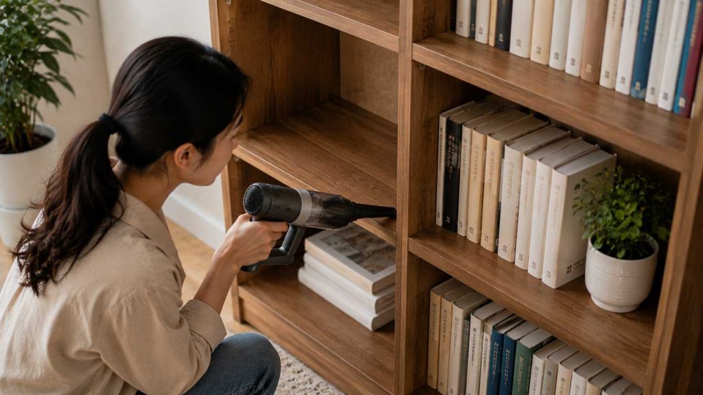 Dùng máy hút bụi vệ sinh các khe và góc của kệ sách