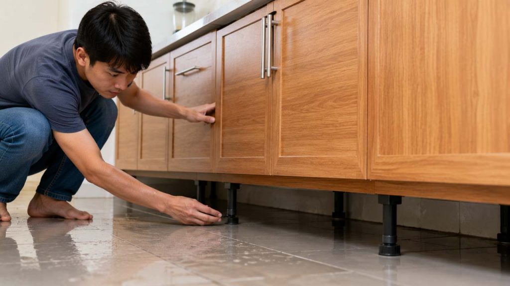 Kê cao tủ bếp gỗ tránh tiếp xúc với nền nhà ẩm