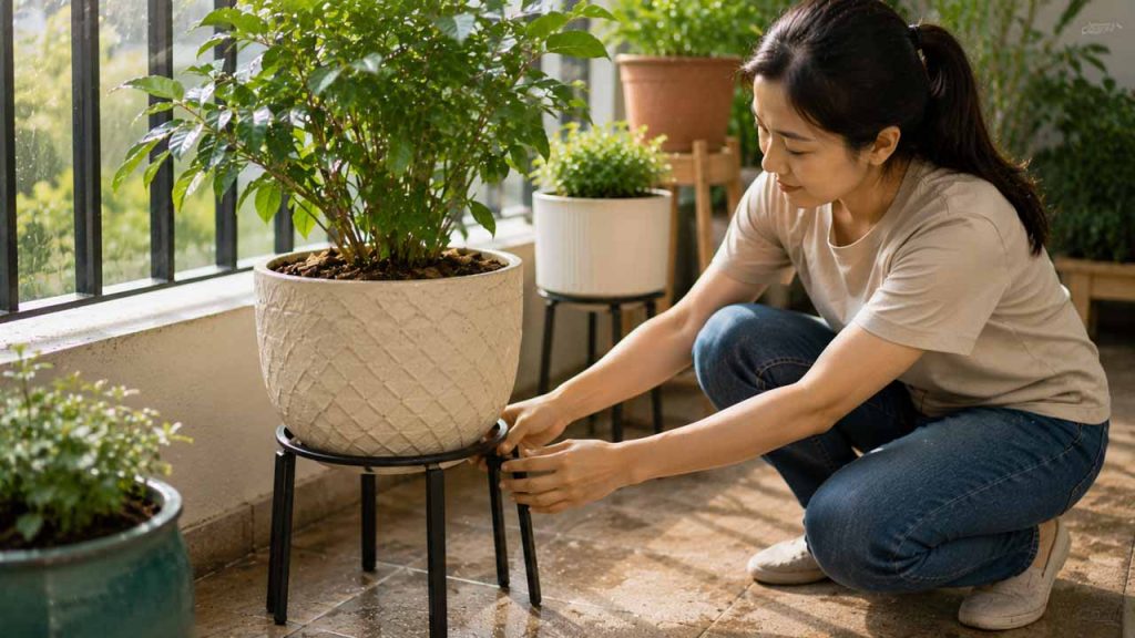 Kê chậu cây cao khỏi mặt đất để hạn chế rêu