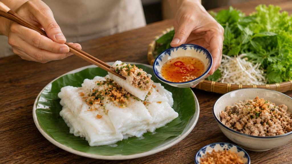 Thêm nhân và nước chấm cho bánh ướt ngay trước khi thưởng thức