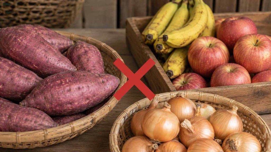 Không để khoai gần hành táo hoặc chuối