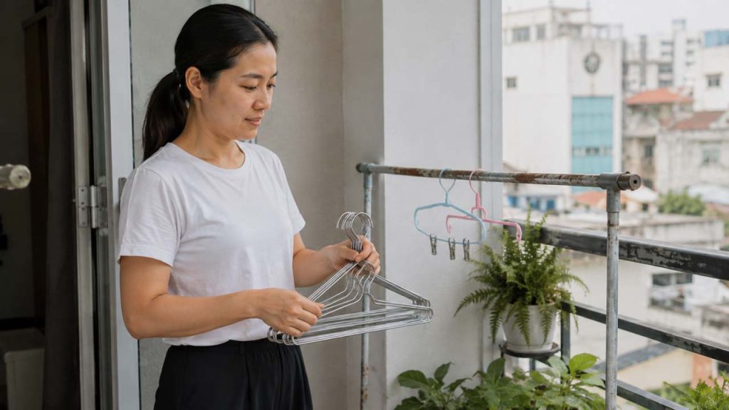 Không để móc quần áo kim loại ngoài trời khi không sử dụng