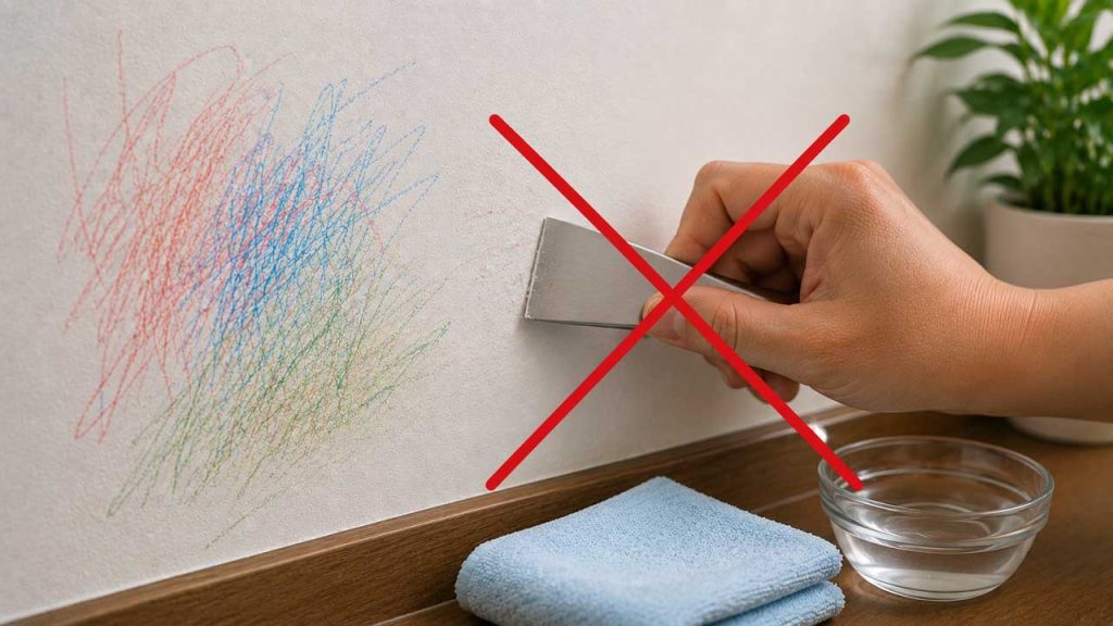 Không dùng vật cứng để cạo vết bút chì màu trên tường