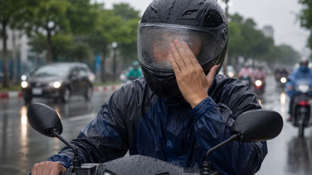 Không dùng tay lau kính mũ bảo hiểm liên tục khi đang đi xe