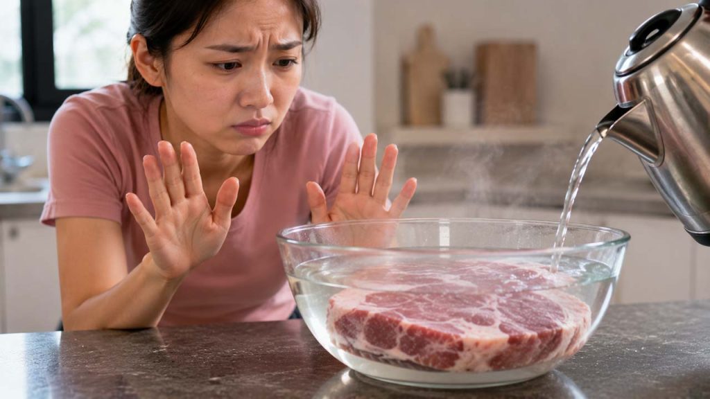 Thịt được ngâm trong nước nóng không đúng cách