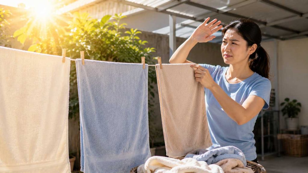 Không phơi khăn tắm dưới nắng quá gắt quá lâu