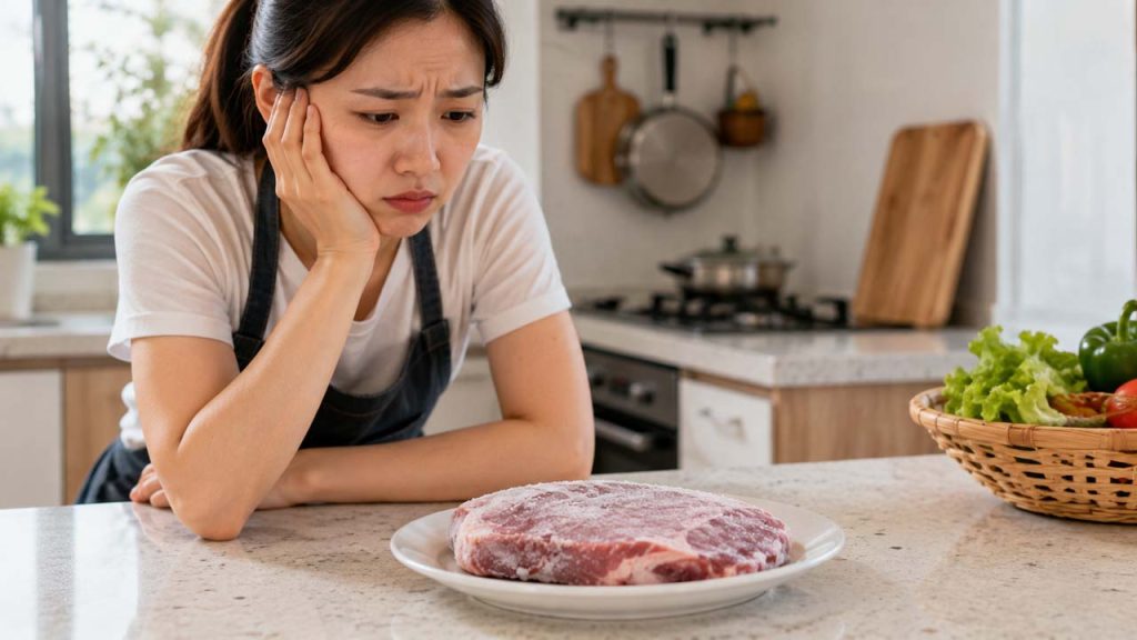 Một người chờ thịt rã đông trên bàn bếp trong thời gian dài