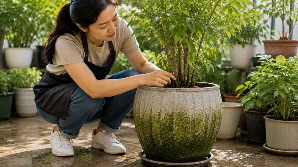 Kiểm tra chậu cây định kỳ để phát hiện rêu sớm
