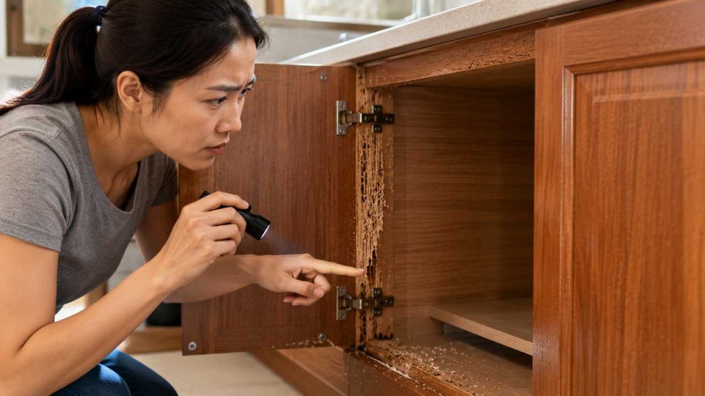 Kiểm tra dấu hiệu mối mọt trên tủ bếp gỗ