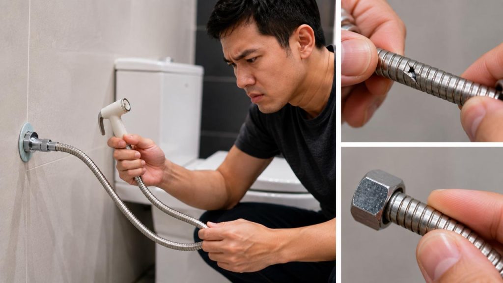 Kiểm tra dây vòi xịt vệ sinh bị nứt hoặc thủng