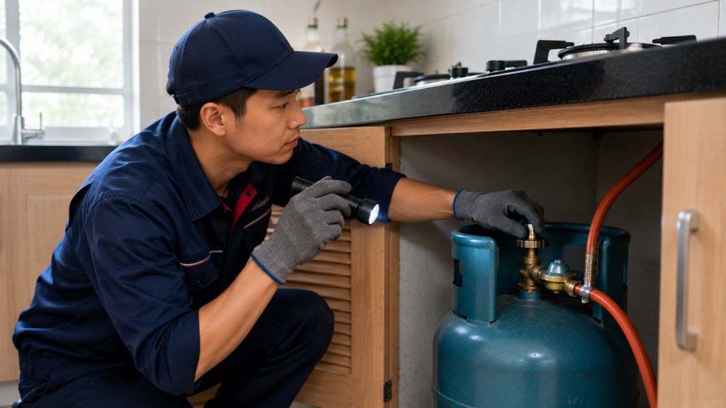 Kỹ thuật viên kiểm tra toàn bộ hệ thống bình gas