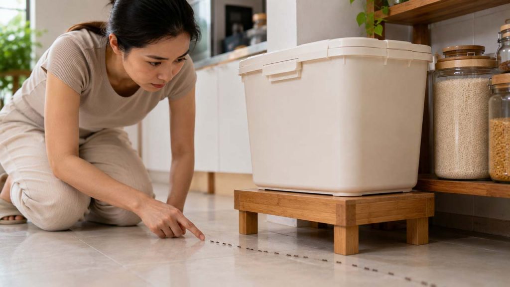 Quan sát đường di chuyển của kiến để xác định nguyên nhân khiến kiến bò vào thùng gạo