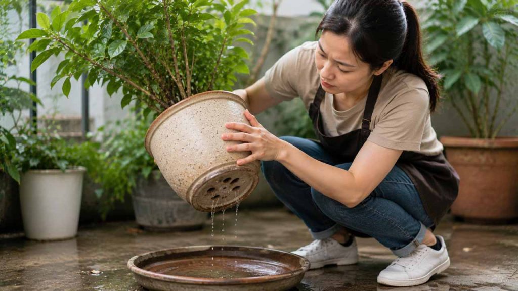 Kiểm tra khả năng thoát nước của chậu cây