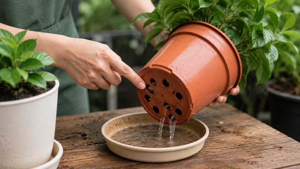 Kiểm tra lỗ thoát nước của chậu cây