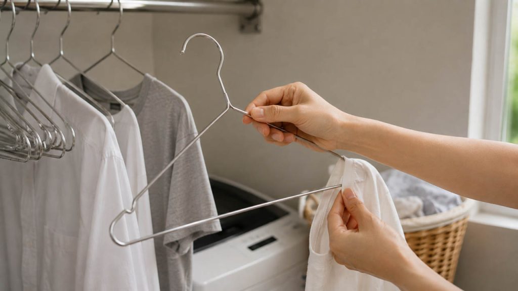 Kiểm tra móc kim loại trước khi treo quần áo sáng màu