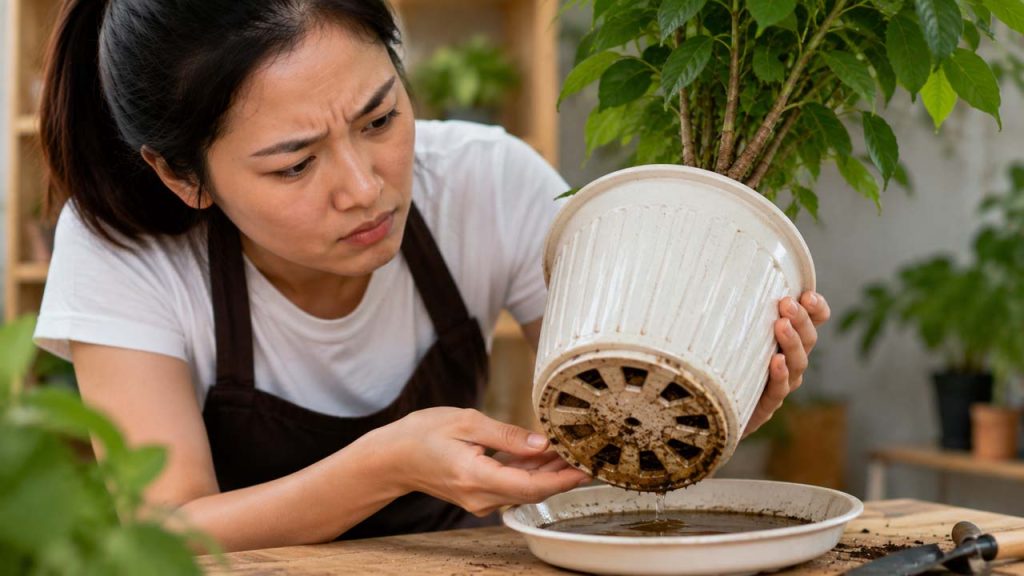 Kiểm tra nước đọng dưới đáy chậu cây