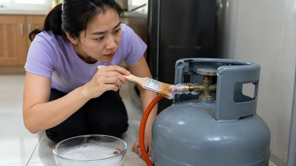 Kiểm tra rò rỉ gas bằng nước xà phòng tại van bình gas