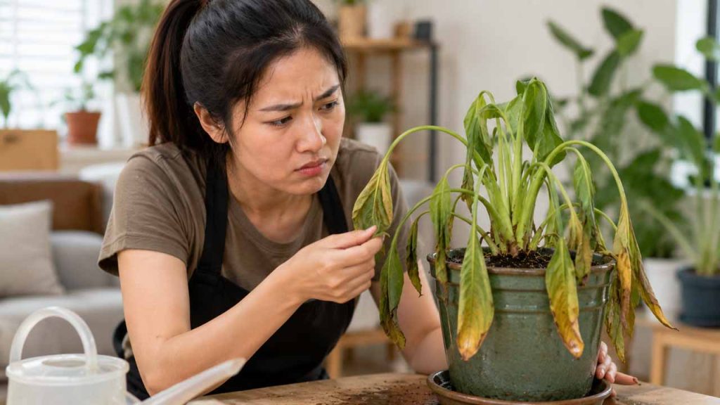Lá cây mềm và rũ dù đất vẫn còn ướt